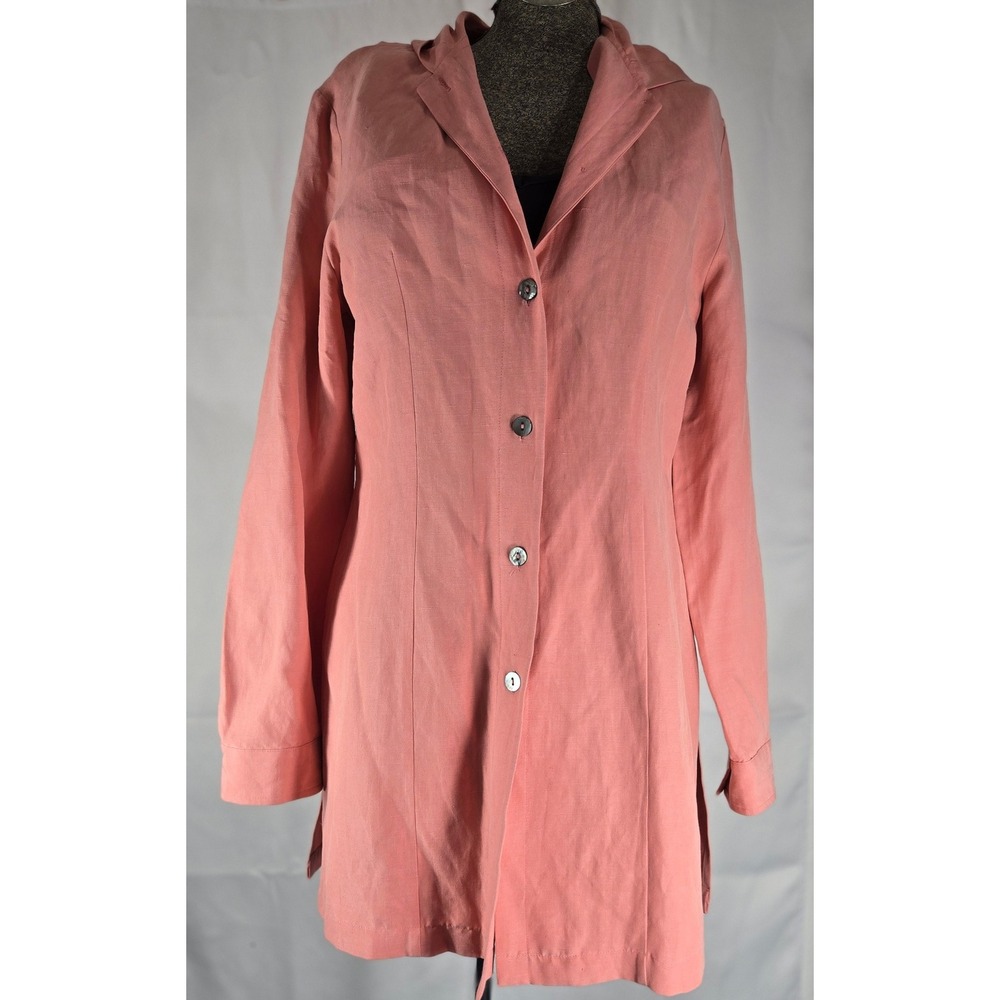 Russell Kemp Hooded Button Down Tunic Top Long Sleeve Casual Pink Linen Resort M